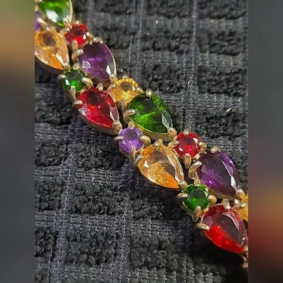 Large Bling Multi-Colored Glass Gem Stones Teardrop 7" Silver Bracelet 1/2" - Picture 5 of 7